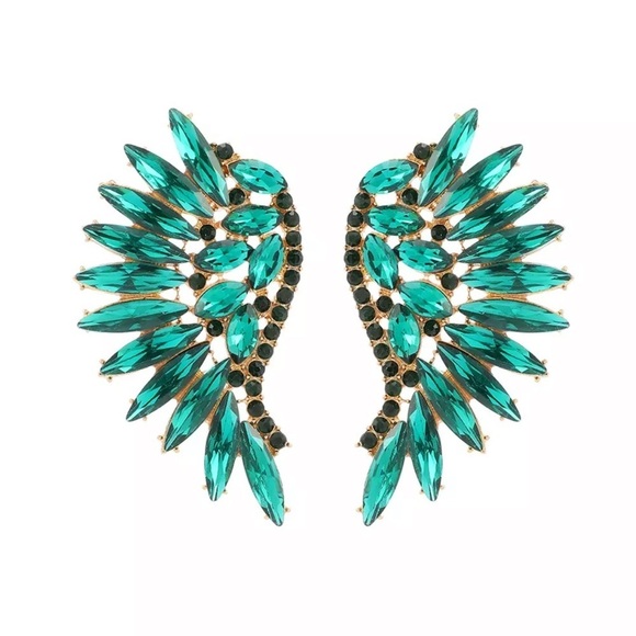 Wing Shape Green Crystal Earrings - Picture 1 of 6
